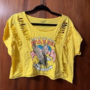 Rue21 Yellow Distressed Rock 'N Roll Crop Top